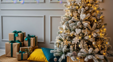 A festive holiday scene featuring a snow-covered Christmas tree adorned with warm lights and ornaments. Wrapped presents are neatly arranged underneath, creating a cozy atmosphere.の素材