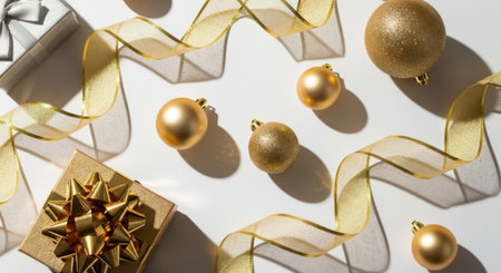 Overhead shot of gold Christmas ornaments, gifts, and ribbon on a clean white surface, creating a festive and luxurious holiday scene.の素材
