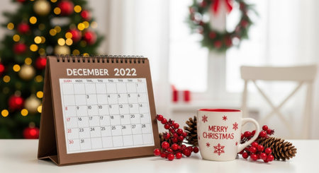 A December 2022 desk calendar sits on a white table, adorned with festive Christmas decorations including a mug, berries, and pinecones, with a blurred Christmas tree in the background.の素材