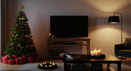 A beautifully decorated living room with a Christmas tree, gifts, and a lit candle arrangement.の素材