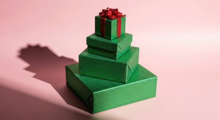 A minimalist Christmas tree concept featuring a pyramid of green presents with a red bow on top. The modern holiday composition is set against a pink surface with a hard shadow.の素材
