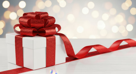 A beautifully wrapped white gift box adorned with a vibrant red ribbon and bow, set against a soft, bokeh-lit background, perfect for holiday or celebration themes.の素材