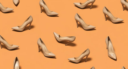 A pattern of stylish beige high heels, meticulously arranged against a bright orange backdrop, creating a visually appealing design.の素材