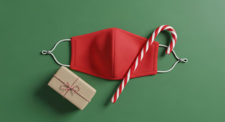 A red protective face mask, a candy cane, and a small wrapped gift box arranged on a solid green background, symbolizing Christmas during the COVID-19 pandemic.の素材