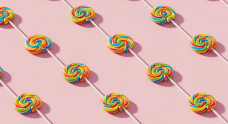 A vibrant pattern of rainbow swirl lollipops on sticks, arranged in neat diagonal rows against a solid pink background, creating a fun and sweet look with hard shadows.の素材