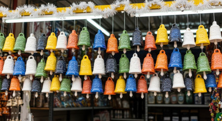 A vibrant display of ceramic bells in various colors, arranged in rows, creating a visually appealing pattern.の素材
