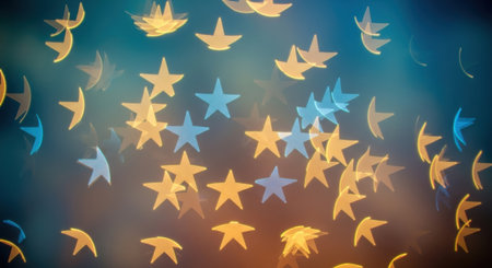 A vibrant and dreamy abstract background featuring out-of-focus bokeh lights in the shapes of stars and traditional Indian diyas, creating a festive and magical atmosphere.の素材