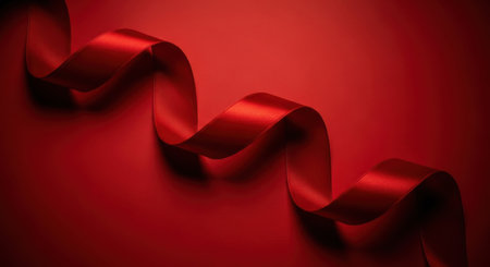 A close-up shot of a flowing, glossy red ribbon against a matching background. The ribbons curves and folds create a sense of movement and elegance.の素材
