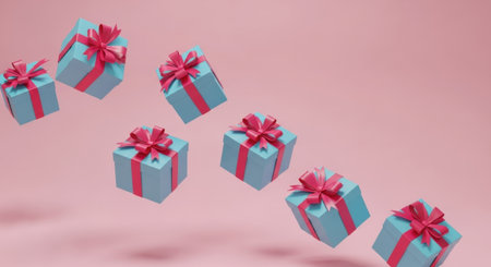 A collection of light blue gift boxes with vibrant pink ribbons gracefully float against a soft pink backdrop, creating a whimsical and celebratory atmosphere.の素材