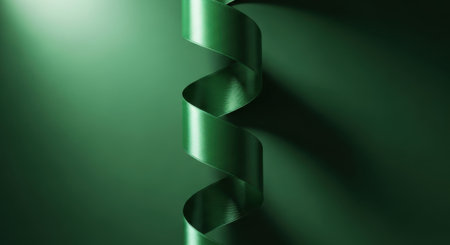 A close-up of a vibrant green ribbon cascading down, creating a mesmerizing play of light and shadow on a matching green backdrop. The image evokes elegance and depth.の素材