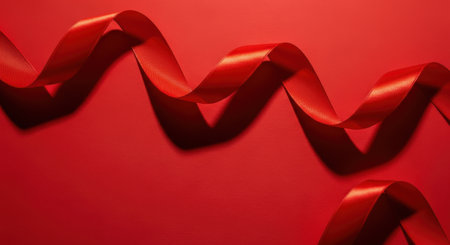 A close-up shot of a flowing red ribbon, creating a wave-like pattern against a solid red background, showcasing texture and depth.の素材