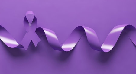 A close-up shot of a purple ribbon, a symbol of awareness, gracefully arranged on a matching purple background. The ribbons elegant curves and folds create a sense of depth and movement, highlighting its symbolic significance. The solid background provides a clean and focused presentation.の素材