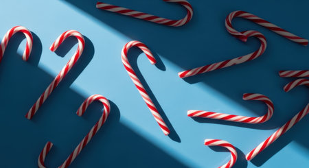 Overhead shot of red and white striped candy canes scattered on a blue surface, illuminated by a beam of sunlight.の素材
