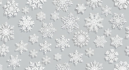 A seamless pattern of white three-dimensional snowflakes with soft shadows on a light gray surface. A festive and elegant design for Christmas and New Year celebrations.の素材