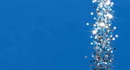 A vibrant blue backdrop adorned with a cascade of shimmering silver star-shaped confetti, perfect for celebrations and special occasions.の素材