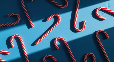 A top-down view of numerous red and white striped candy canes arranged on a bright blue surface, casting long, sharp shadows.の素材