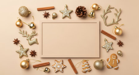 An overhead shot of various Christmas ornaments and decorations encircling a blank rectangular frame, perfect for holiday greetings or messages.の素材