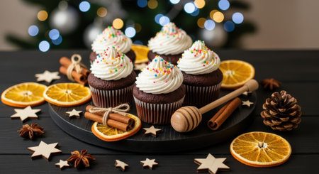 Delicious chocolate cupcakes topped with white frosting and sprinkles, arranged with dried orange slices, cinnamon sticks, and a honey dipper for a festive holiday treat.の素材