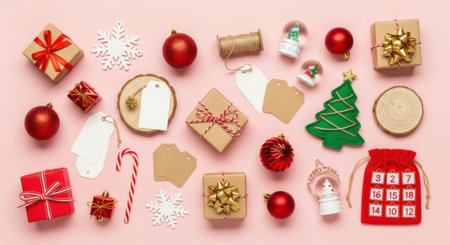 Overhead shot of various Christmas ornaments, gifts, and decorations artfully arranged on a pink surface, creating a festive composition.の素材