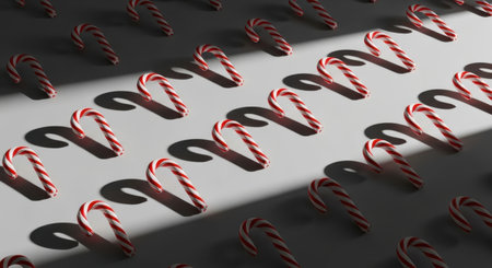 A repeating pattern of red and white candy canes casts long shadows on a clean, light-colored surface, creating a festive and visually appealing arrangement.の素材