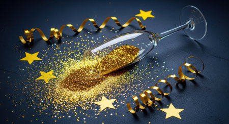 A tilted champagne glass spills golden glitter, surrounded by star-shaped confetti and golden ribbons, creating a celebratory and glamorous scene.の素材