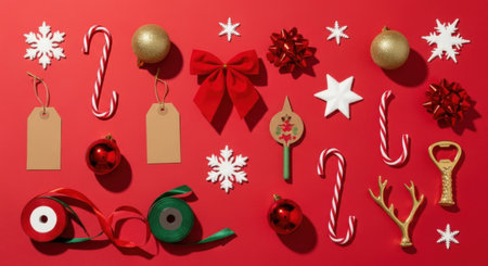 Overhead shot of Christmas decorations including candy canes, ornaments, bows, and snowflakes arranged on a vibrant red background.の素材