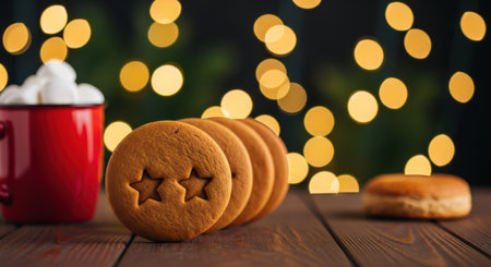 A delightful image featuring Christmas cookies with star cutouts, a mug of hot chocolate with marshmallows, and bokeh lights in the background, creating a warm and inviting atmosphere.の素材
