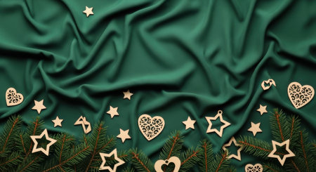 Overhead shot of wooden star and heart ornaments with evergreen branches on a draped green fabric background, creating a festive Christmas scene.の素材
