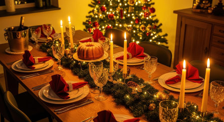 A beautifully decorated Christmas dinner table with candles, plates, and a festive centerpiece, creating a warm and inviting atmosphere.の素材