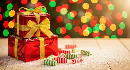 A stack of red Christmas gifts with gold ribbons and candy canes sit on a snowy surface with bokeh lights in the background.の素材