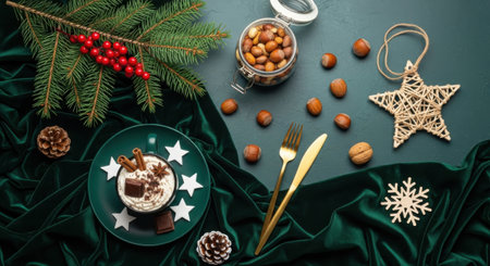 An overhead shot of a delightful Christmas dessert, possibly a cheesecake or mousse, adorned with chocolate pieces and served on a green plate with star patterns. It is surrounded by festive elements like hazelnuts, pine cones, a golden star ornament, a snowflake, and evergreen branches with red berries, all set against a rich green velvet fabric.の素材