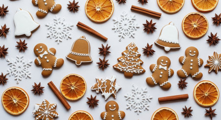 Overhead shot of gingerbread cookies shaped like people, bells, and trees, along with dried orange slices and star anise, creating a festive Christmas flat lay.の素材