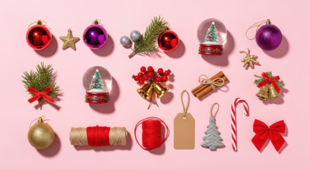 A flat lay of various Christmas decorations including ornaments, snow globes, gift wrap, and candy canes arranged on a soft pink backdrop, creating a festive holiday scene.の素材
