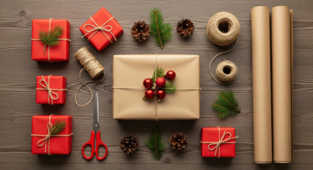 Overhead shot of neatly arranged Christmas gifts, wrapping paper, and decorations on a rustic wooden background, creating a festive and organized scene.の素材