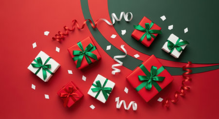 A vibrant overhead view of Christmas presents, some red and some white, adorned with green satin ribbons and bows, scattered on a red surface with festive confetti and streamers.の素材