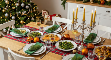 A beautifully decorated Christmas dinner table with various dishes, candles, and a Christmas tree in the background.の素材