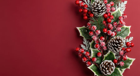 Top down view of a traditional Christmas decoration featuring green holly leaves, bright red berries, and frosted pinecones arranged vertically on a solid dark red background with copy space.の素材