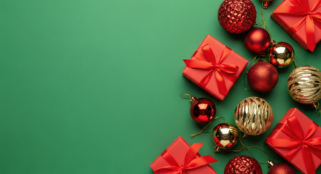 Overhead shot of red gift boxes and decorative ornaments arranged on a green background, perfect for Christmas or holiday themes.の素材