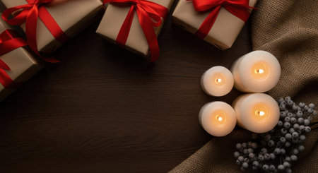 Overhead shot of gifts wrapped with red ribbons and glowing candles, creating a warm holiday atmosphere.の素材