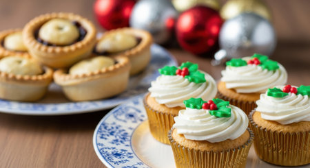 A close up of delicious Christmas cupcakes with white frosting and holly decorations alongside traditional mince pies. Festive holiday baubles are blurred in the background.の素材