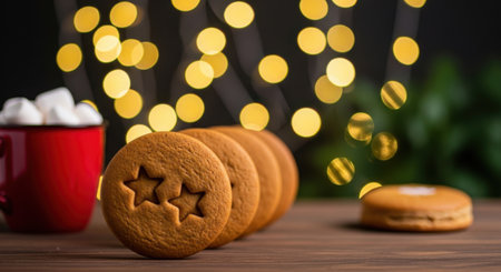 A close-up of delicious gingerbread cookies with star cutouts on a wooden table. A red mug with marshmallows and warm festive bokeh lights create a cozy holiday atmosphere.の素材