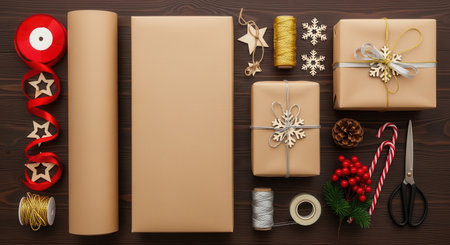 A top down view of a holiday gift wrapping scene featuring presents wrapped in kraft paper, ribbons, scissors, ornaments, and other festive supplies on a dark wood surface.の素材