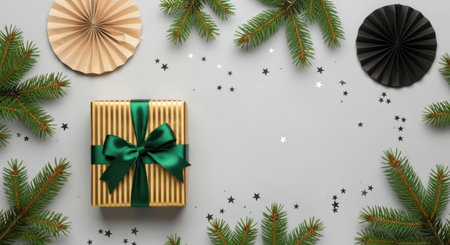 A beautifully wrapped gift box with a green ribbon, surrounded by festive decorations and evergreen branches.の素材