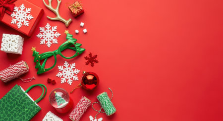 A vibrant collection of Christmas decorations, including gift boxes, snowflakes, ornaments, and festive glasses, arranged on a bright red background, offering ample copy space for holiday greetings or promotional text.の素材