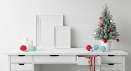 A bright, festive scene featuring a small Christmas tree, decorative ornaments, and blank frames on a white desk against a white wall.の素材