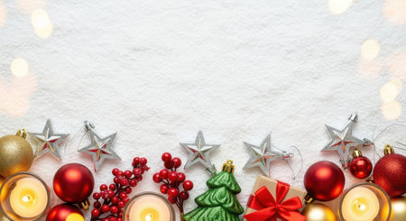 A beautiful arrangement of Christmas ornaments, stars, candles, and berries on a white background, creating a festive holiday scene.の素材