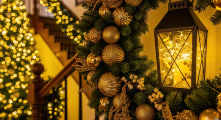 A beautifully decorated Christmas scene featuring a lantern, golden ornaments, and a staircase with lights.の素材