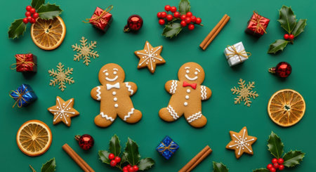 A vibrant Christmas scene featuring gingerbread men, ornaments, and festive decorations on a green background.の素材