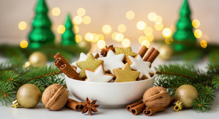 A bowl of star-shaped cookies and cinnamon sticks surrounded by Christmas decorations, including ornaments, walnuts, and pine branches, set against a backdrop of warm, blurred lights.の素材