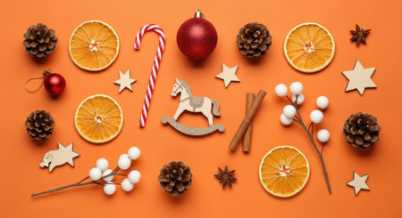 Overhead shot of a Christmas arrangement featuring orange slices, pine cones, candy canes, ornaments, and wooden decorations on a vibrant orange background.の素材